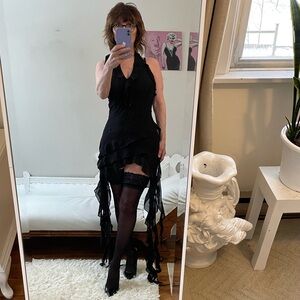 BLACK SHEER SHREDDED HALTER DRESS ASYMMETRIC ZIPPER RUFFLES FLOWER LOW CUT